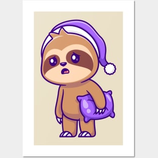 Cute Sloth Sleepy Holding Pillow Cartoon Posters and Art